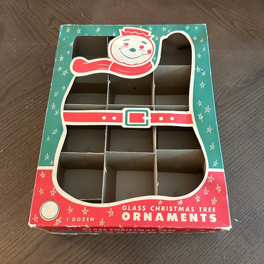 Vintage Coby Glass Christmas Ornament Box EMPTY Snowman Mid Century 1 Dozen Box